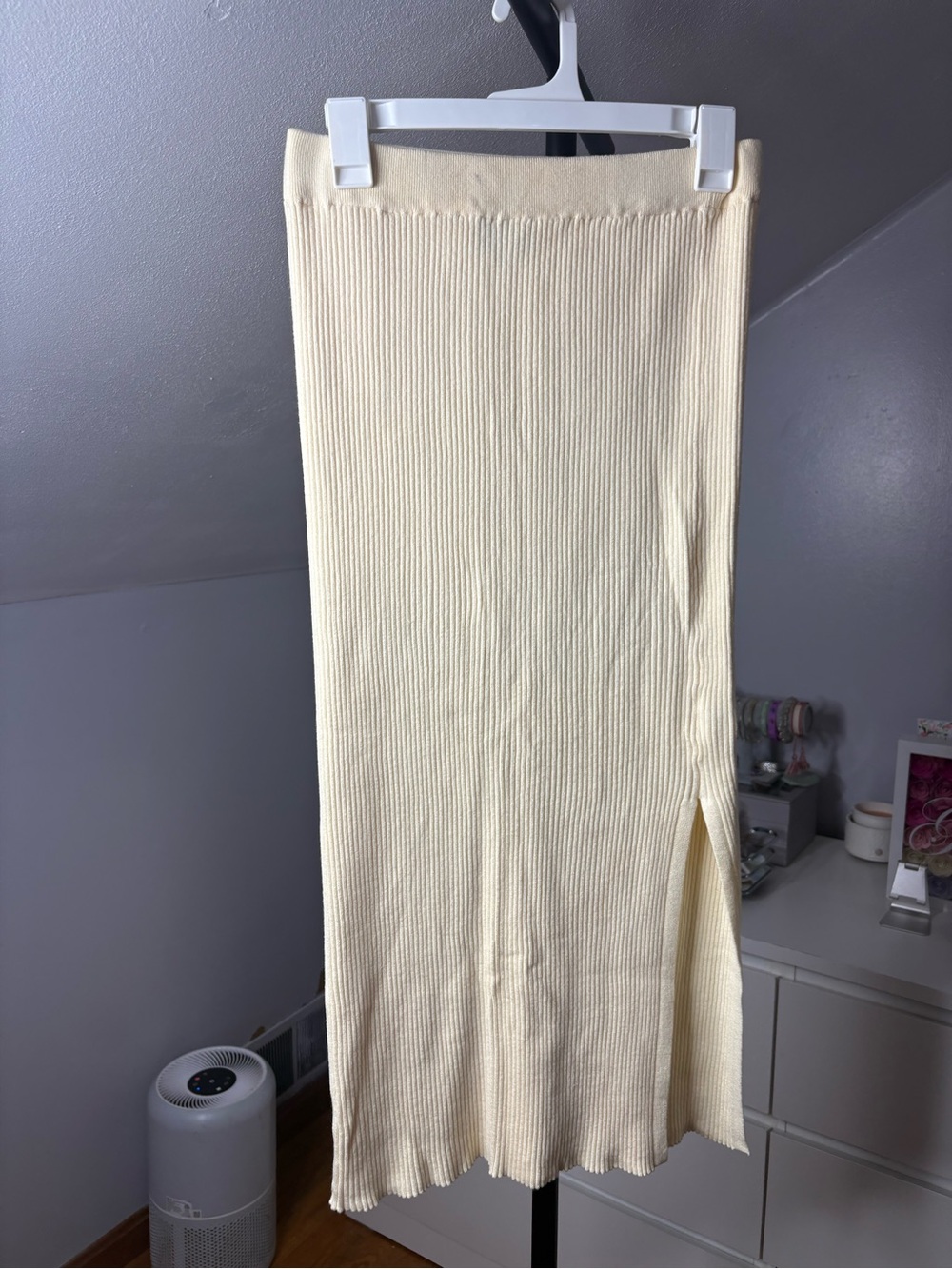 Vici Cream Ribbed Midi Skirt with Side Slit